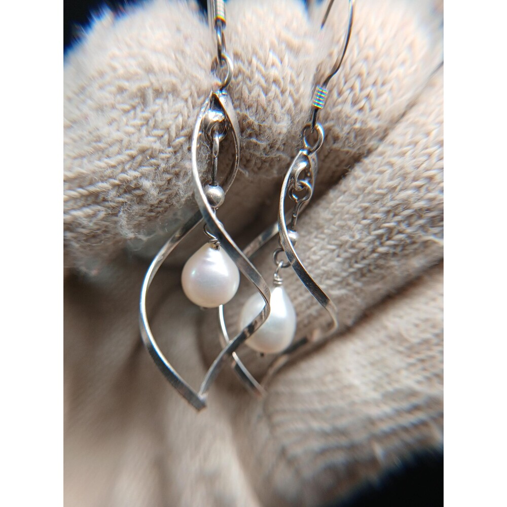 Sterling Silver 925 Freshwater Pearl Twirl Dangle Drop Earrings 1.75”